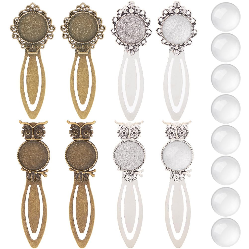 SUNNYCLUE 16Pcs DIY 8 Sets Vintage Bookmarks Metal Bookmark Clips Natural Glass Cabochons Book Page Marks Bookmark Bezel Blanks Tray Antique Bronze Silver Bookmarks Set for Book Lovers — image 1