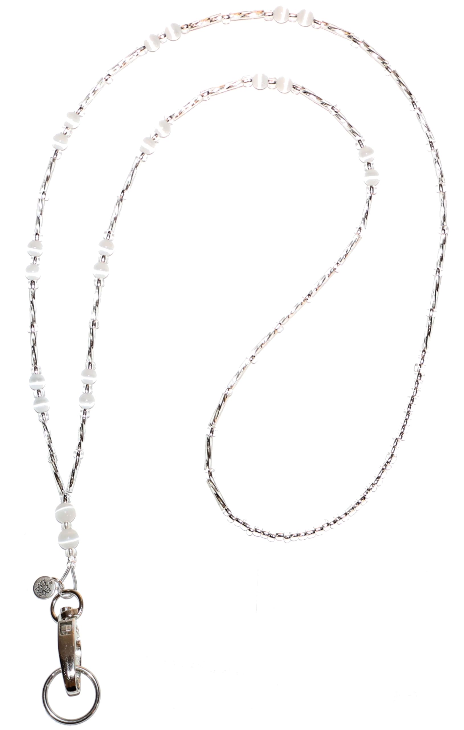 Hidden Hollow Beads, Simple Black, Women's Fashion Beaded Lanyard Necklace, 34", Key and ID Badge Holder (White - Non Breakaway (Stronger))