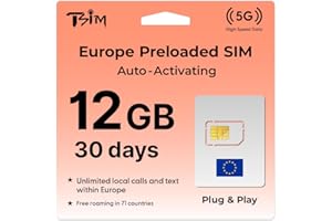 TSIM Europe SIM Card for Travel 30day | 12Gb High Speed Data | Auto Activating Preloaded SIM Card | UK Three SIM Card Free Roaming in 71 Countries.