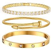 MEIERYA Gold Plated Bracelet Set, 3-Piece Stacking Tennis Bracelets with Cable Bangle and Rhinestone Cuff,Modern Style for Women Gold Jewelry Gift