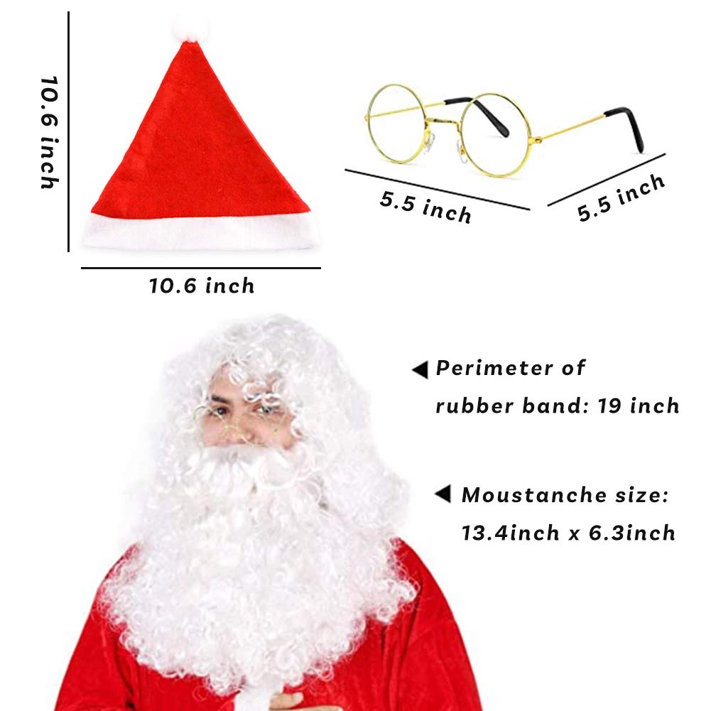 BigOtters BigOtters Santa Costume Accessory, 4pcs Christmas Set with Glasses, Xmas Hat, Deluxe Long White Santa Claus Beard and Wig for Men Women Cosplay Dress up Props