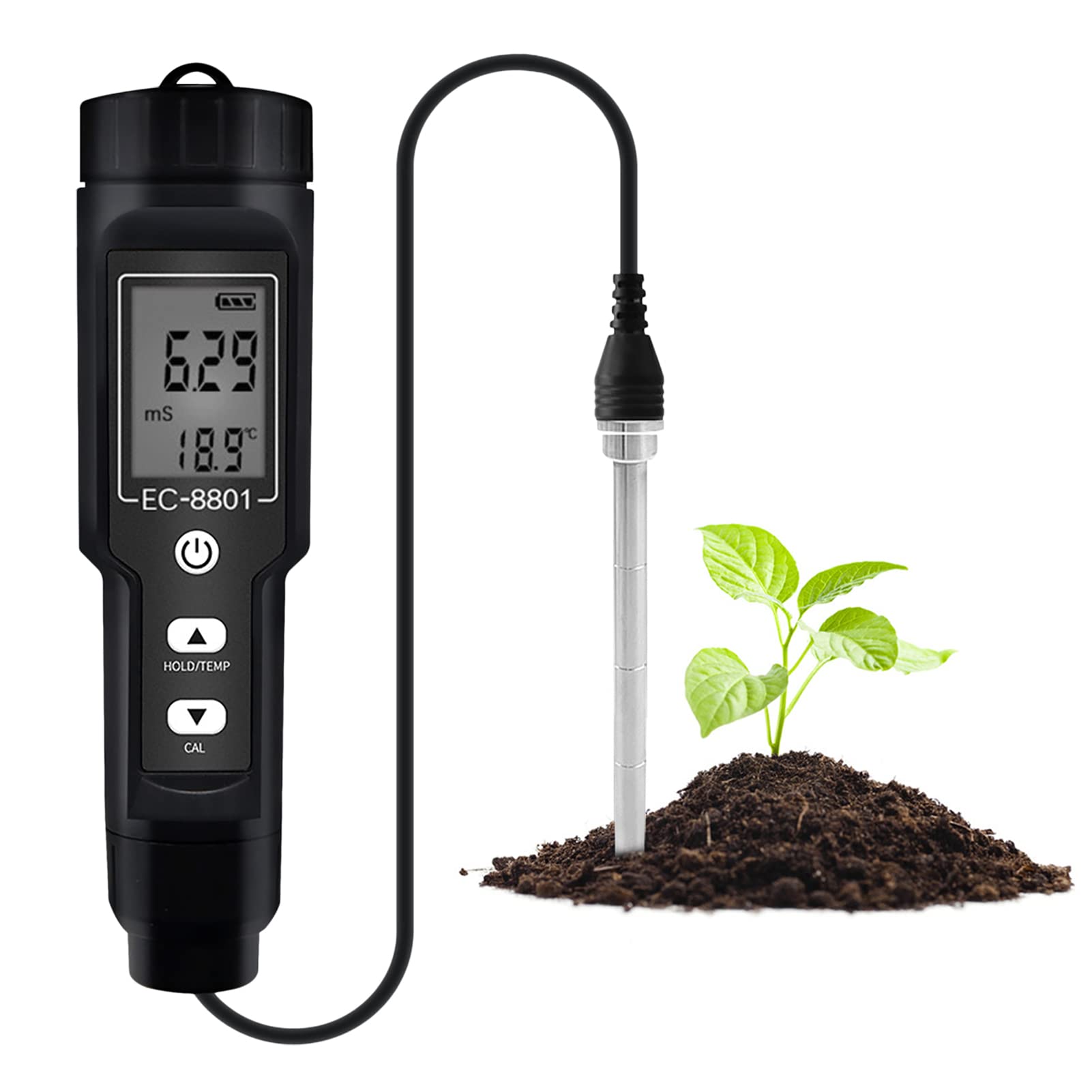 EVTSCAN 0-10.00 mS/cm Portable Handheld Digital Soil EC meter for Home Gardening, with Automatic Temperature Compensation, Waterproof Probe, Data Hold function