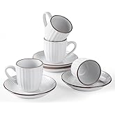 famiware Espresso Cups and Saucers Set of 4, 3 oz Ceramic Small Coffee Mug with Handle, Embossed Stoneware Demitasse Cup for Tea, Latte - Microwave & Dishwasher Safe - White Stripe