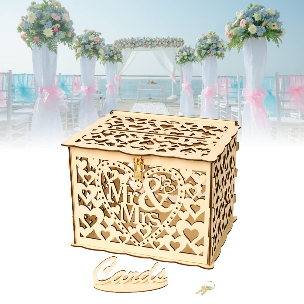 CODIRATO Wooden Card Box Vintage Event Card Box Wedding Gift Card Money Post Box with Lock for Wedding Reception Supplies