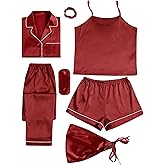 LYANER Women's Pajamas Set 7pcs Silk Satin Sleepwear Loungewear Cami Shirt Pj Set