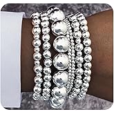 Navirix Stackable Gold Beaded Balls Bracelets Set for Women Adjustable String Beads Elastic Bracelets Stretch Silver Bead Ball Bangles Jewelry Accessories