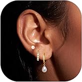 3 Pairs Gold Hoop Earrings Set: 14K Gold Plated Hypoallergenic Stud Earrings Dangle Pearl Cartilage Huggie Hoop Earrings for Women Fashion Gold Jewelry for Women Gifts