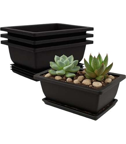 GROWNEER 6-Pack Bonsai Training Pots - 9 Inch Plastic Pots With Drainage Trays & Repotting Mat