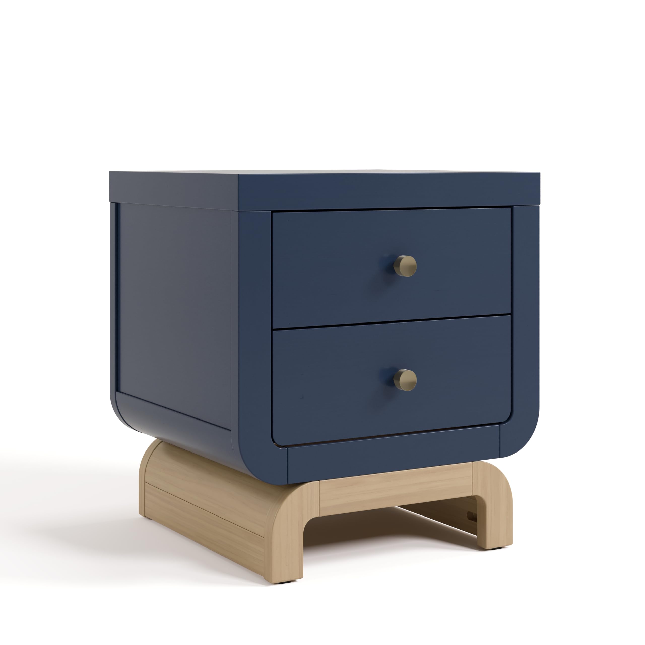Photo 1 of ***FOR PARTS ONLY / NON-FUNCTIONAL HAS DAMAGES & MISSING HARDWARE*** Storkcraft Santorini 2 Drawer Nightstand (Midnight Blue & Driftwood) - GREENGUARD Gold Certified Nightstand for Kids Bedroom, Premium Wood with Curved Base, “Champagne” Metal Knobs