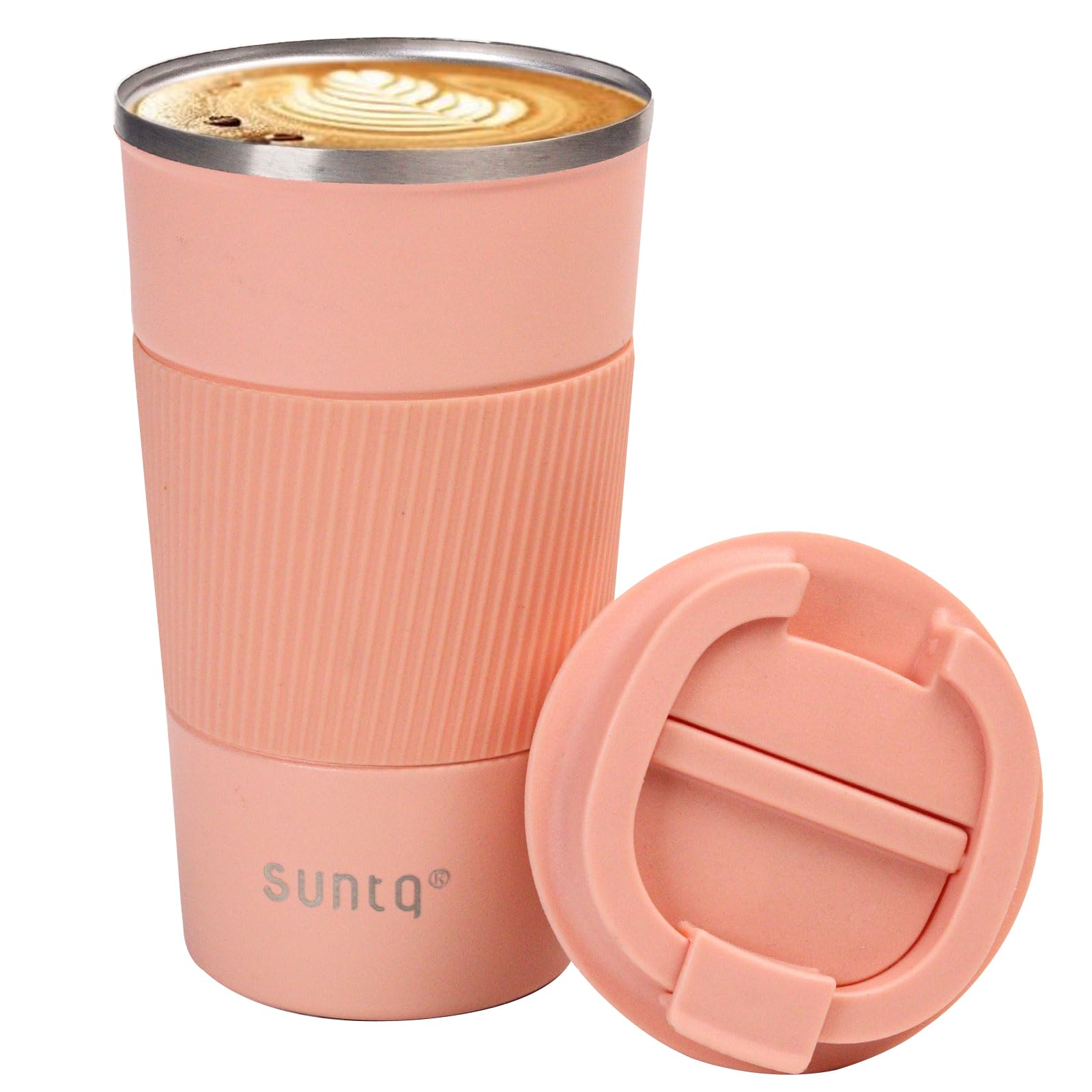 SUNTQ Reusable Coffee Cups Travel 510ml Coffee Travel Mug with Leakproof Lid - Thermal Mug Insulated Cup - Stainless Steel Travel Cup with Rubber Grip for Hot and Cold Drinks Light Pink