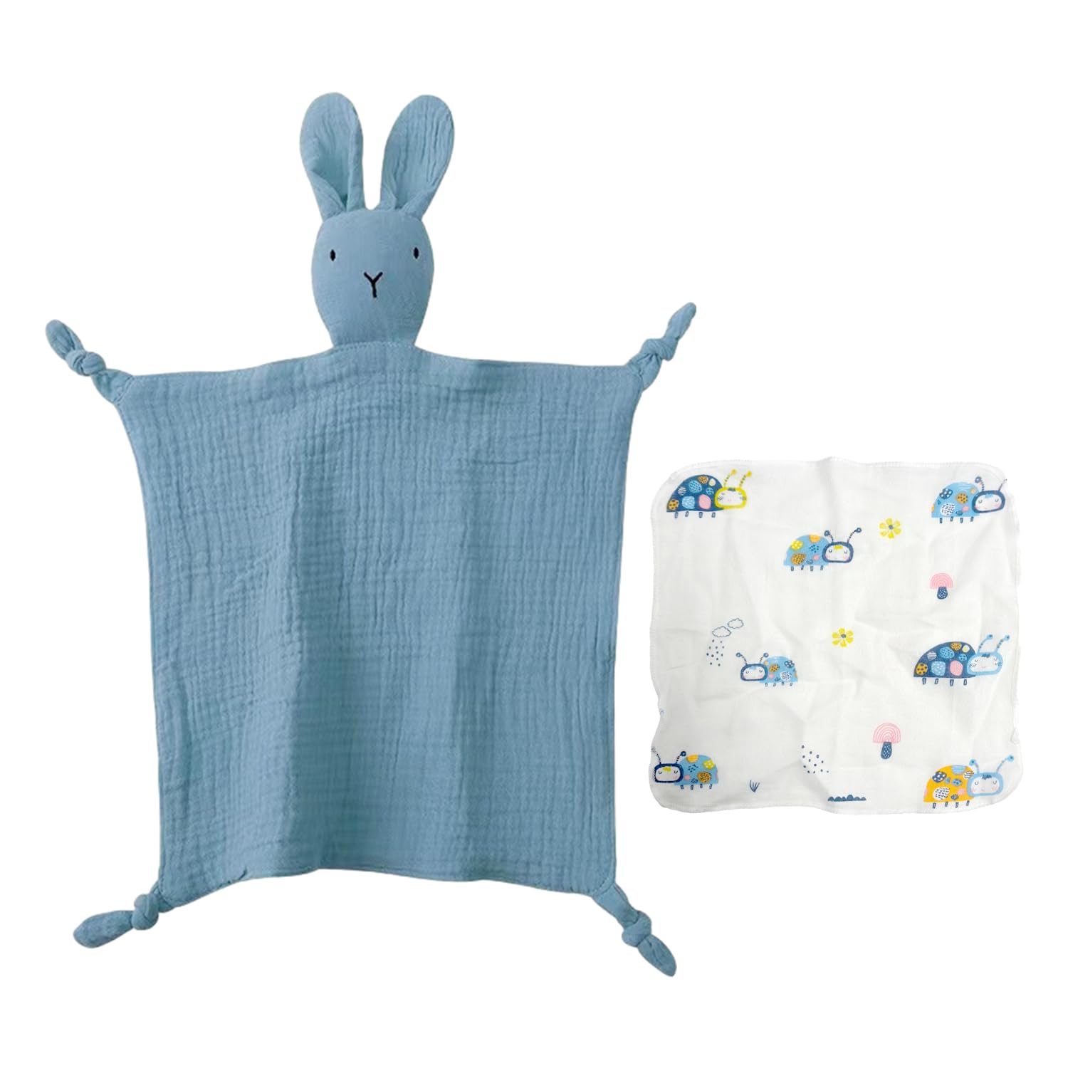 MEMOFYND 1PCS Blue Children Comforters Rabbit Blanket with 1PCS Children's Saliva Towel Square Towel ，Boy Girl Newborn comforter ，sleeping Snuggle Toy Gift，personalised Bedding