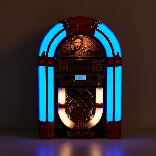 ARKROCKET ATHENA MINI JUKEBOX/TABLETOP CD PLAYER/BLUETOOTH SPEAKER/RADIO/USB AND SD CARD PLAYER WITH RETRO LED LIGHTING SYSTEM (BLACK GOLDEN)