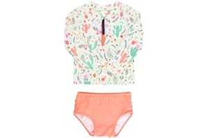 RuffleButts® Baby/Toddler Girls Long Sleeve Rash Guard 2 Piece Swimsuit Set w/UPF 50+ Sun Protection with Zipper