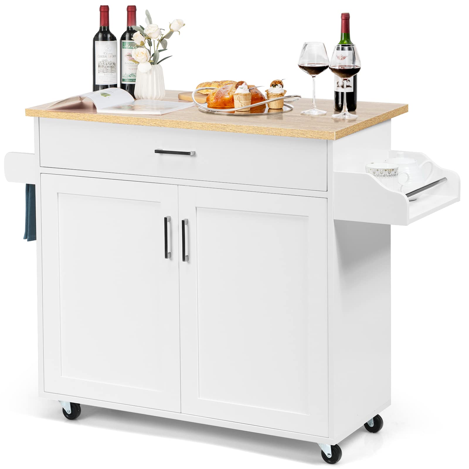 Photo 1 of COSTWAY Kitchen Island Cart, Rolling Storage Trolley Cart with Lockable Rubber Wheels, Large Cabinet, Drawer, Spice Rack and Towel Rack, Kitchen Serving Utility, 3-Position Adjustable Shelf (White) There is no hard wear that I can see  in its boxcar.
