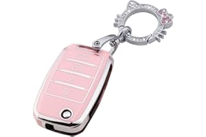 Pangpai Pink Key Fob Cover for Kia, Soft TPU Key Case Protection with Bling Keychain Fit for Kia Sedona Rio Optima Soul Sportage Sorento Carens Flip Key