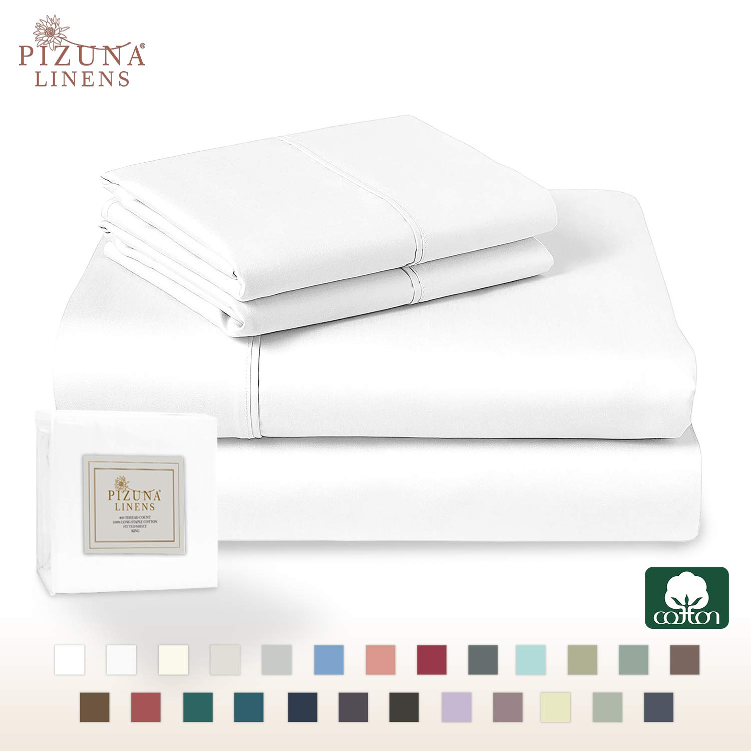Pizuna Linens 400-Thread-Count Queen Cotton-Sheets Set White, 100% Long Staple Cotton Queen Size Sheets Set, Soft Sateen Cotton Queen Size Bed-Sheet Set Deep Pocket fit Upto 15 inch (Cotton White Sheets Bed-Set)