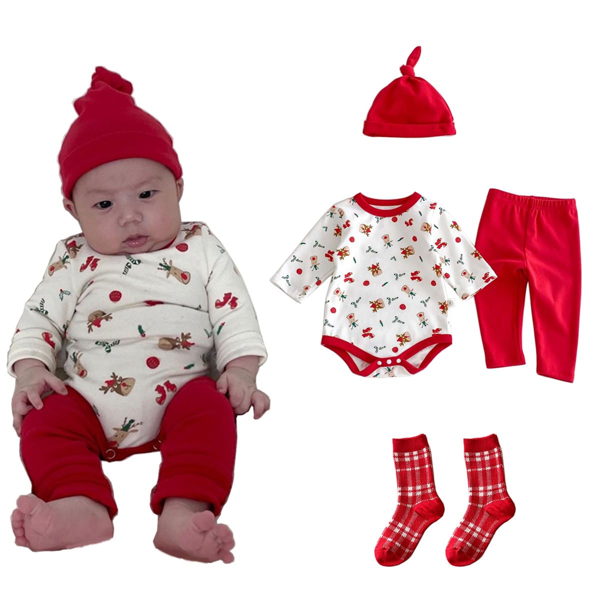 TUPOLILI Romper, 4-Piece Set, Long Sleeve, Christmas Costume, Baby Santa, Fancy Dress, Baby Romper, Winter, Casual, Party, Santa Claus, Commemorative Photo, Children's Clothes, Cotton, Gift, Autumn,