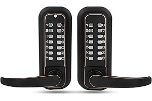 SOOBOOL New Upgrade Double Sided Keypad Door Lock with Adjustable Deadlatch 2-3/8'' and 2-3/4'', Keyless Door Lock with Handle, Gate Lock for Outdoor Fences (Black Gold)