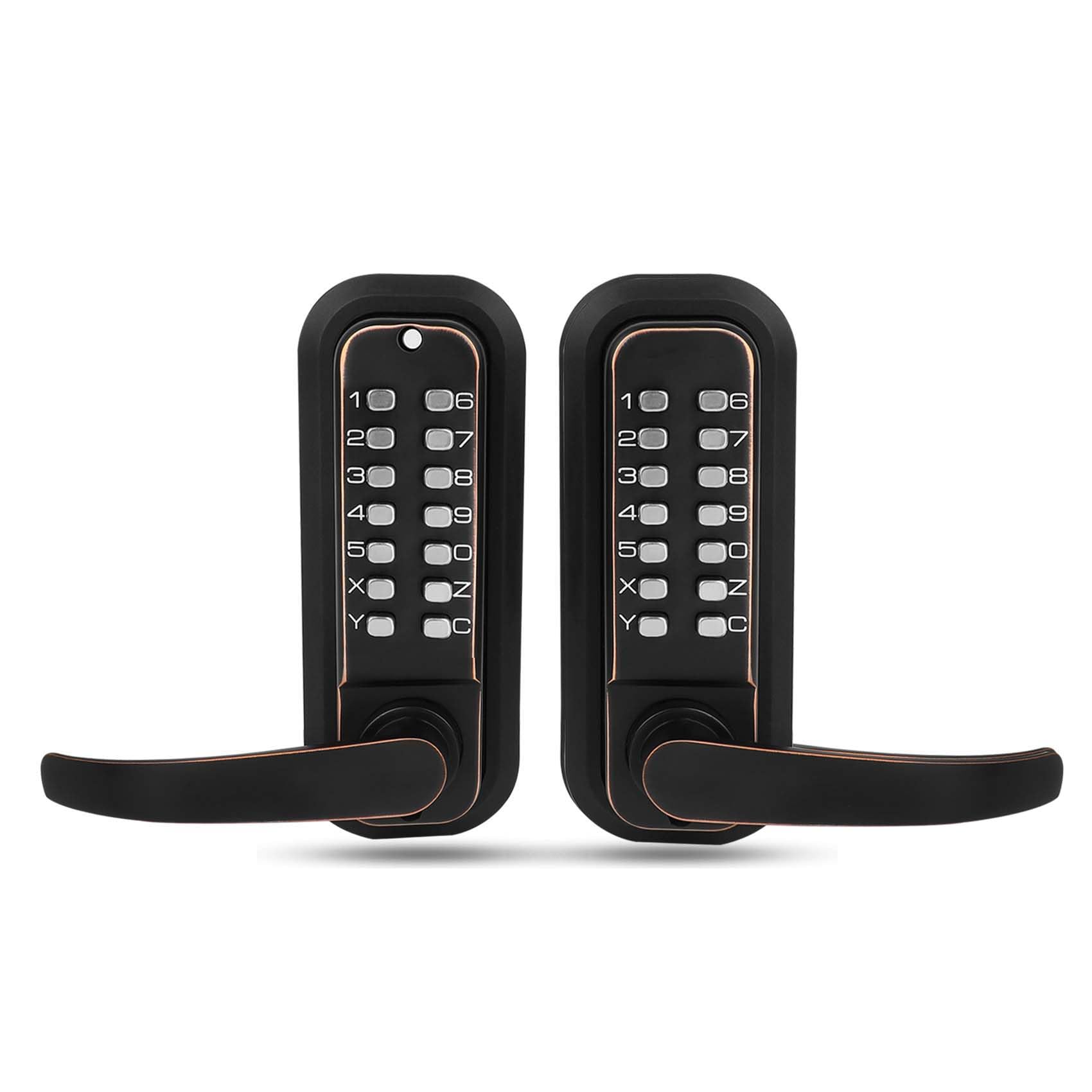 Photo 1 of New Upgrade Double Sided Keypad Door Lock with Adjustable Deadlatch 2-3/8'' and 2-3/4'', Keyless Door Lock with Handle, Gate Lock for Outdoor Fences (Black Gold)