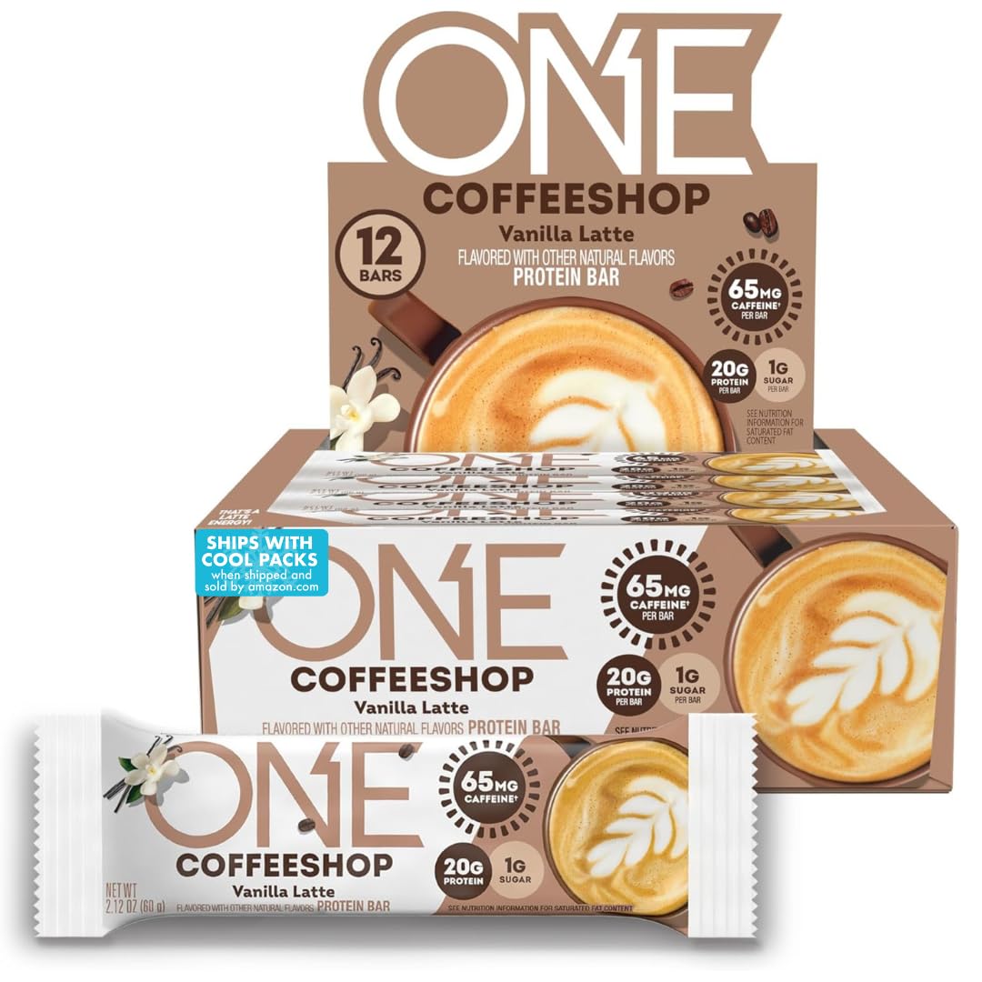 ONE Coffee Shop Caffeinated Protein Bars, Vanilla Latte, Gluten Free with 20g Protein and 65mg of Caffeine Energy, Pantry Staples, 2.12 oz (12 Count), Packaging May Vary