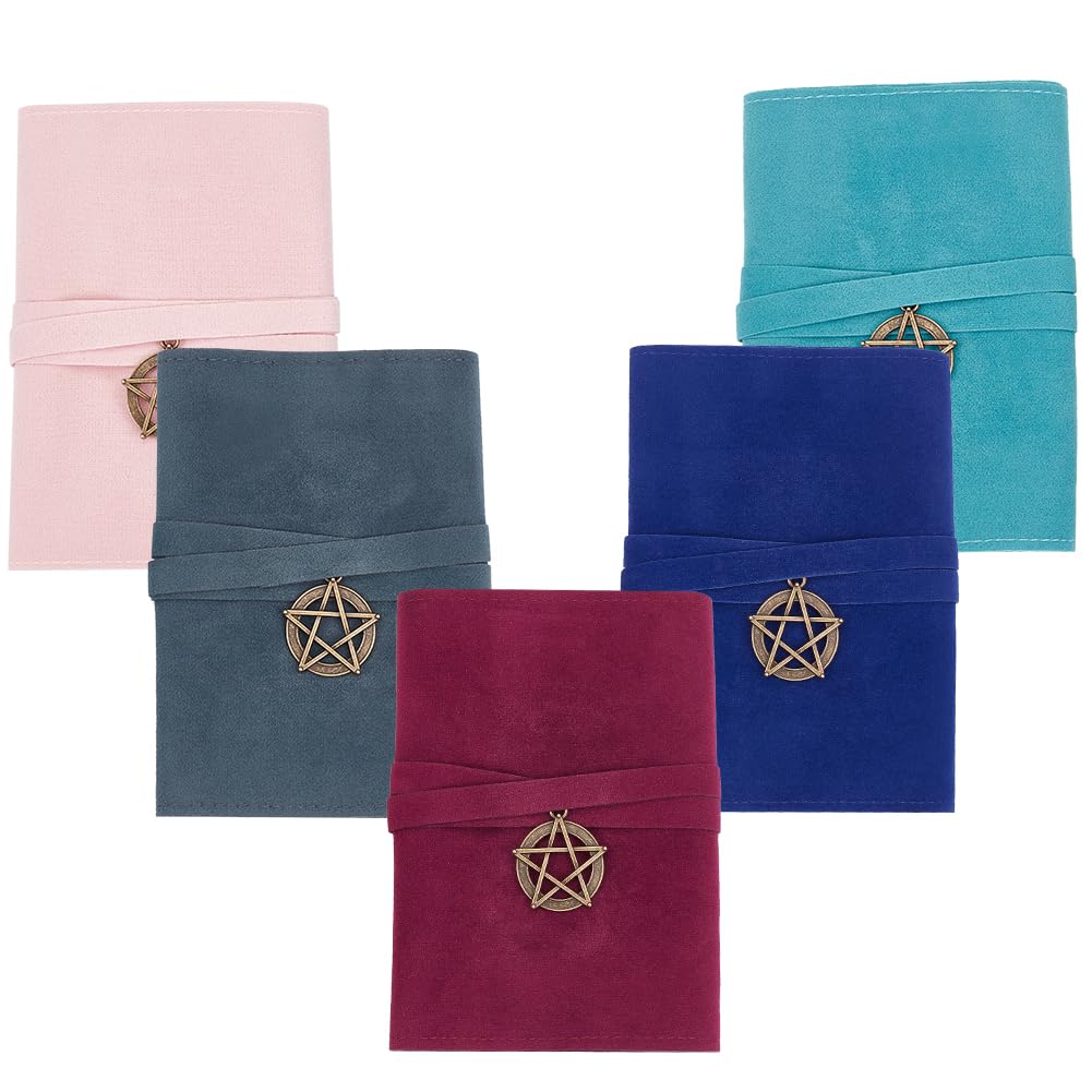 CREATCABIN 5Pcs Velvet Tarot Card Bags Set Tarot Storage Holder Bag Case Tarot Spread Cloth Wrap Pouches Card Holders with Star Pendants for Tarot Cards Oracle Deck Playing Cards Blue Pink Halloween