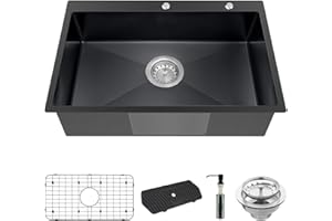 KOARDINK Black Kitchen Sink, Stainless Steel Drop In 33x22x9 Inch Single Bowl Topmount Kitchen Sink Combo-Stainless Grid,Soap Dispenser,Faucet Mat,Drain Strainer Set for Modern Style Kitchen&Bar