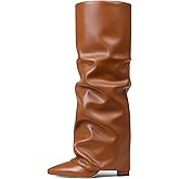 Synchoiss Womens Knee High Boots Wide Calf Chunky High Heel Boots Fashion Fold Over Boot Pointed Toe Winter Fall Tall Boots for Women Pull on Trendy