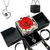 Preserved Real Rose with Heart I Love You Necklaces for Women in 100 Languages - Eternal Red Flowers Gifts for her Romantic Gift Set for Girlfriend Birthday Anniversary on Valentines Mothers Day