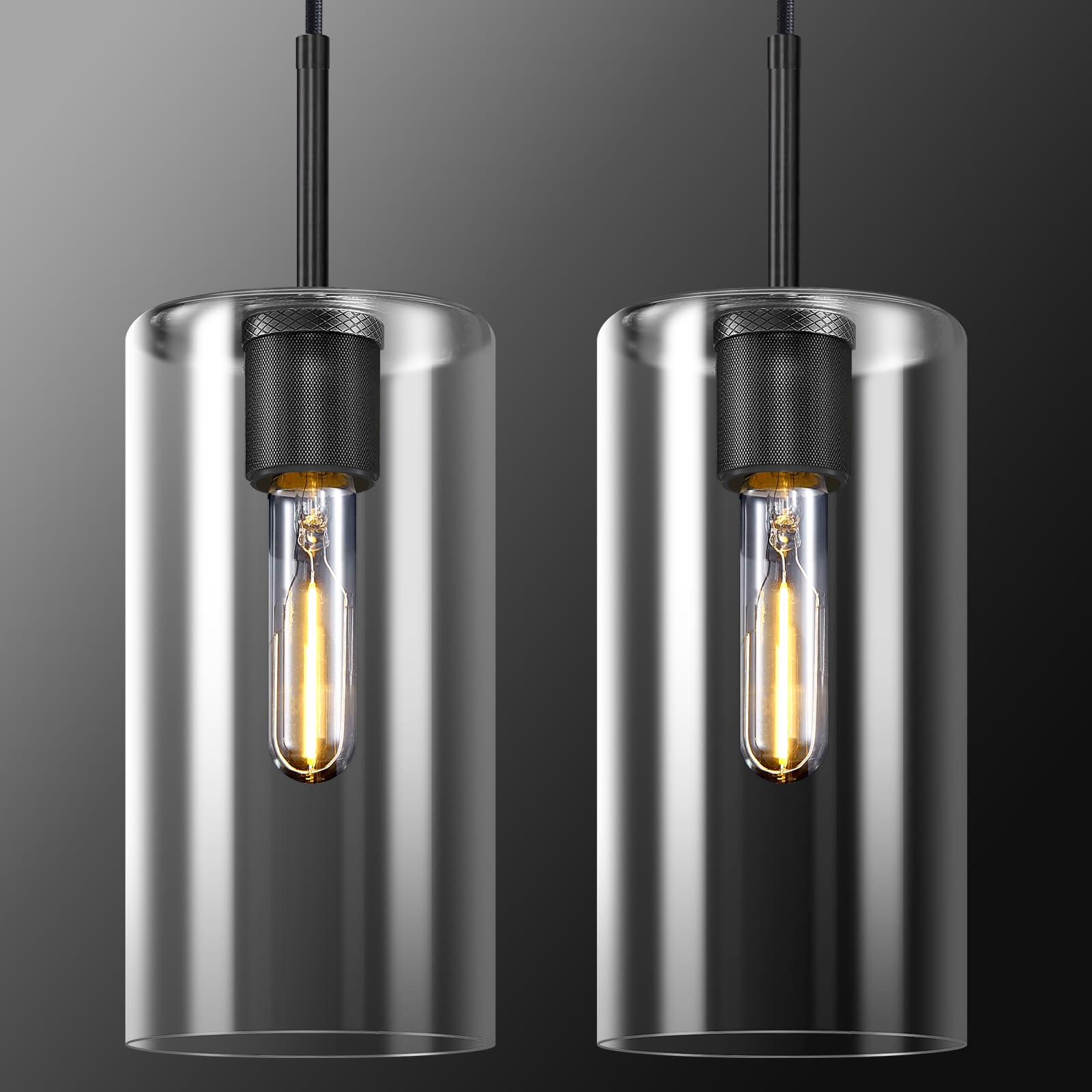 Photo 1 of LKFGLF Black Pendant Lights, 9.5''Glass Adjustable Kitchen Island Modern Pendant Lights, Indoor Pendant Light for Dining Bedroom, 2 Pack