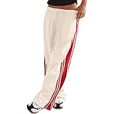 Fisoew Womens Wide Leg Pants Drawstring High Waisted Striped Baggy Palazzo Track Pants with Pockets