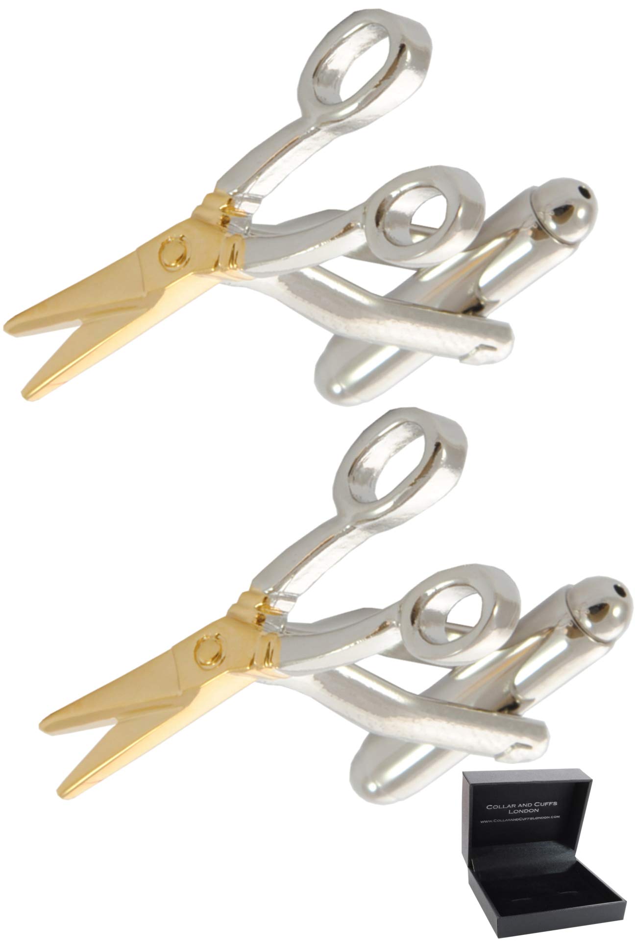 Cufflinks for Men + Presentation Box - Gold Plated 18ct - Scissors - Hair Hairdresser Cut Needlework Sewing - Solid Brass Metal - Silver and Gold Colours - One Pair