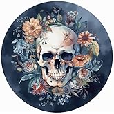 Generic Round Blue Floral Skull 11ct Counted Cross Stitch Kit - Medium, Multicolor, Life-Size, Water-Soluble Canvas, Anti-Fatigue Patterns - For Kids, Adults, Beginners - Unisex - All Seasons