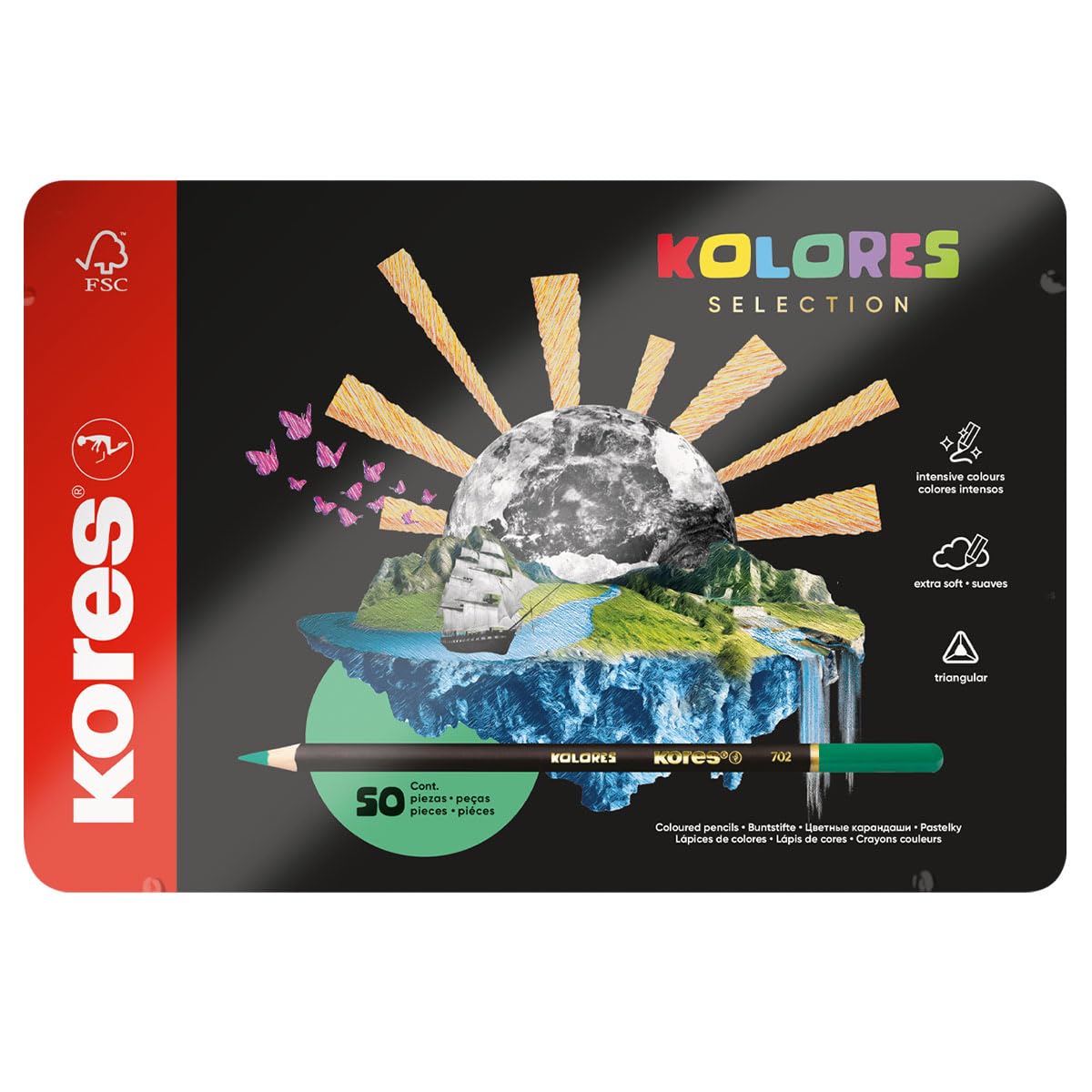 KORES - Kolores Selection, 50 Triangular Shape Colouring Pencils - Coloured Pencils with Soft Lead, Triangular Shape, FSC Wood - Back to School Supplies - Set of 50 Assorted in Metal Case
