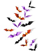 Clabby 72 Pcs Halloween Bats Wall Decor 3D Bats Stickers 3 Colors 4 Sizes | Purple Black Orange, Realistic PVC, Sticky Bat Decals for Windows Bathroom Indoor Outdoor DIY Halloween Party Decorations