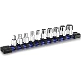 WORKPRO 1/4" Drive Socket Set, 10-Piece Metric Cr-V Socket Set with Rail | Standard &amp; Shallow Sockets, External Hex Socket, 4mm to 13mm, 6-Point, Size Markings, PVC Socket Organizer, for Auto Repairs