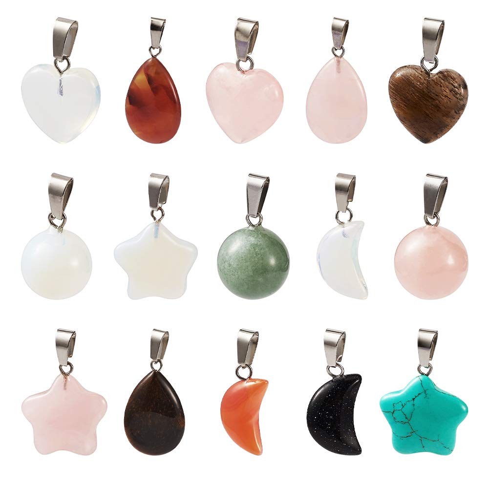 PandaHall 30pcs Mixed Shapes Gemstone Pendants Heart & Moon & Star & Drop & Round Stone Pendants Chakra Beads for Necklace Jewelry Making