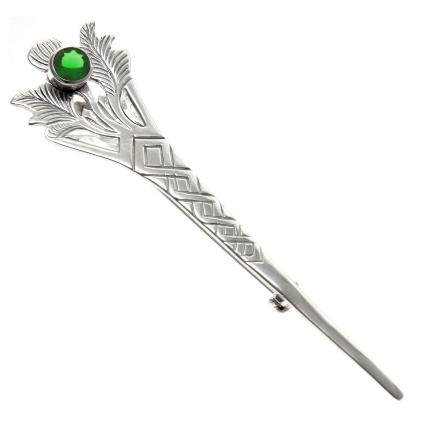 Alexander Castle 925 Sterling Silver Scottish Thistle Kilt Pin Brooch with Green CZ Stone for Men & Women - Kilt Accessory with Jewellery Gift Box - 76mm