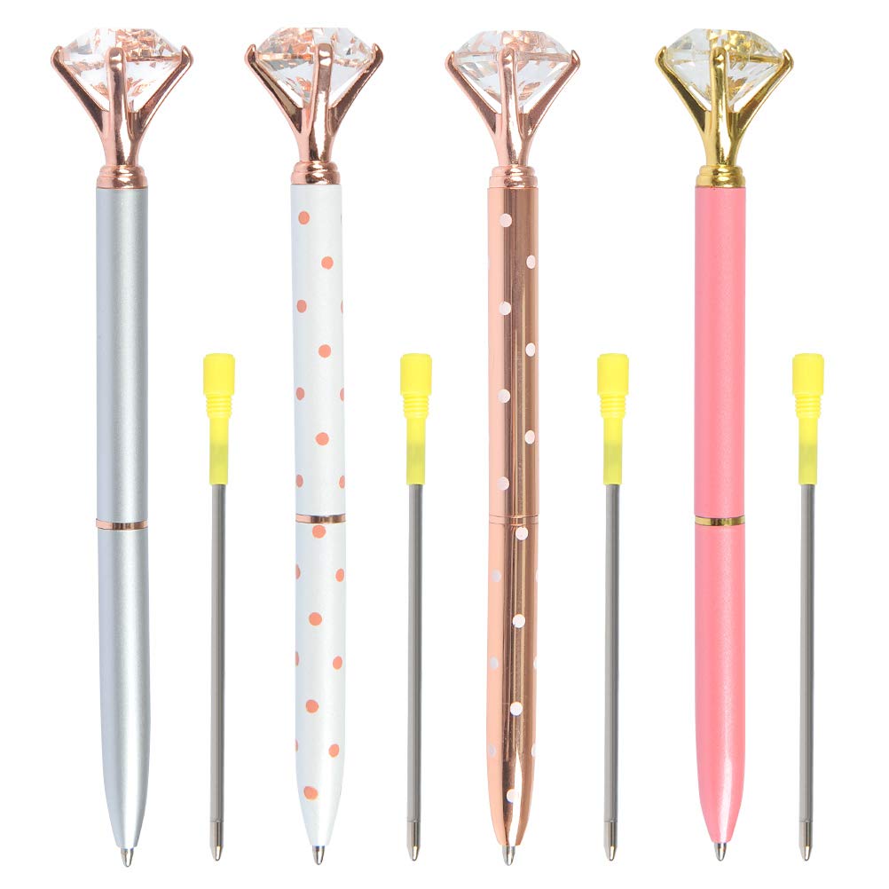YANSHON 4PCS Diamond Ballpoint Pen Crystal Ball Pen Retractable Ball Point Pen with Black Ink 1.0mm Medium Nib + 4PCS Blue Refills, Rose Gold Silver White Ballpen for School Office Stationery