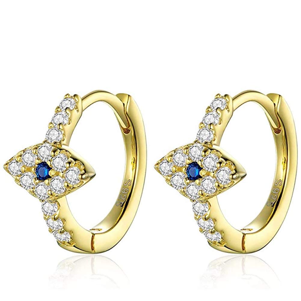 Blue Crystal Evil Eye Tiny Round Hoop Earrings Sterling Silver 14k Gold Plated Dainty CZ Small Cartilage Huggie Endless Hoops for Women Girls (Gold)