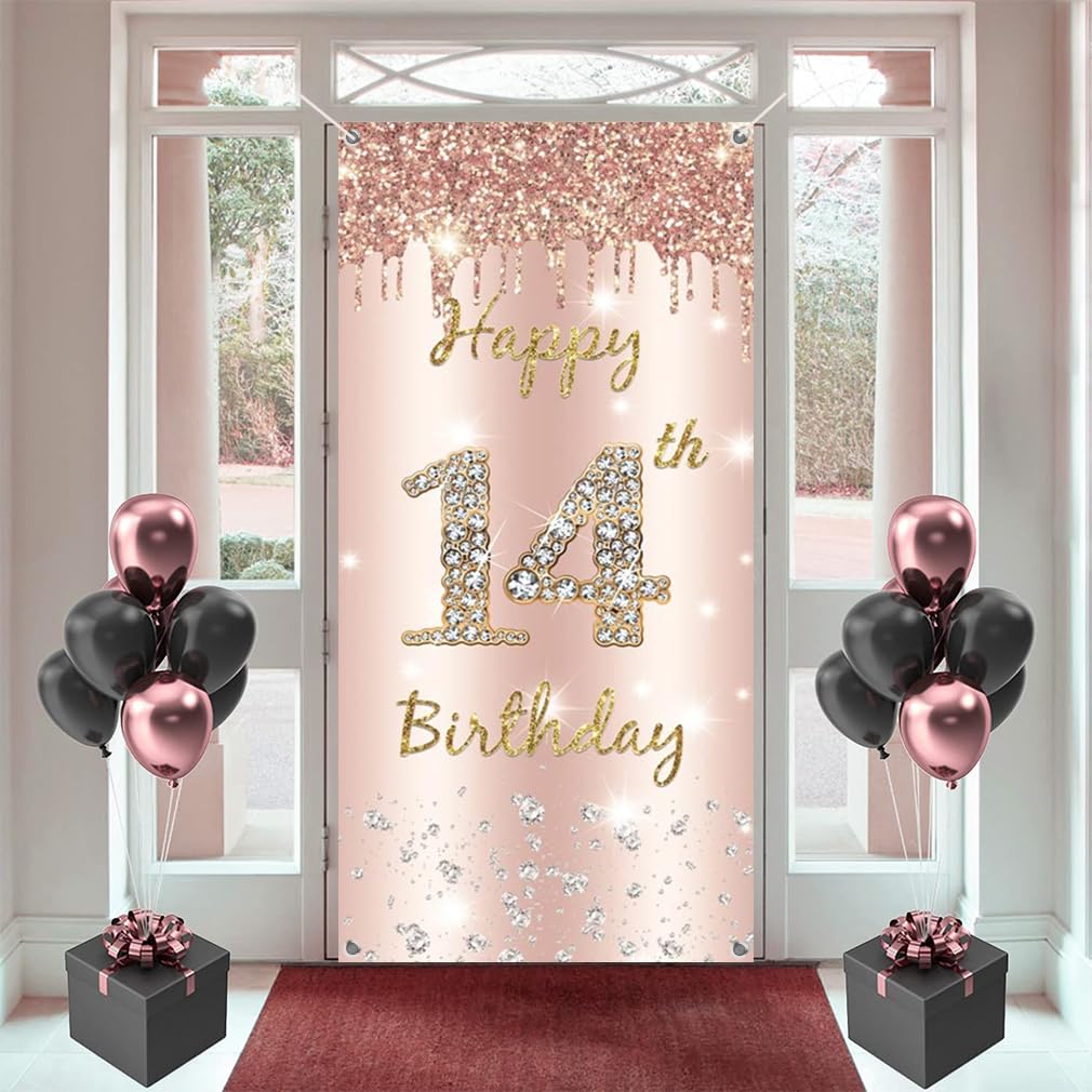 14th Birthday Decorations for Girl, Happy14th Birthda y Backdrop Banner Rosegold Fabric Sign Poster, Girl 14 Years Old Party Supplies Door Banner Welcome Sign, 180 cm x 90 cm
