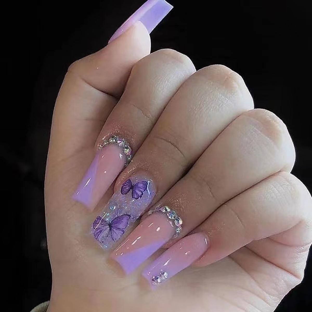 Purple Press on Nails Medium Coffin Fake Nails Butterfly False Nails with Glitter Rhinestone Design Stick on Nails Glossy Acrylic Glue on Nails Ombre Artificial Nails for Women Manicure 24PCS