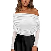 Women's Sexy Mesh Long Sleeve Top for Women Off Shoulder Sheer Ruched Going Out Tops Cocktail Party Outfits