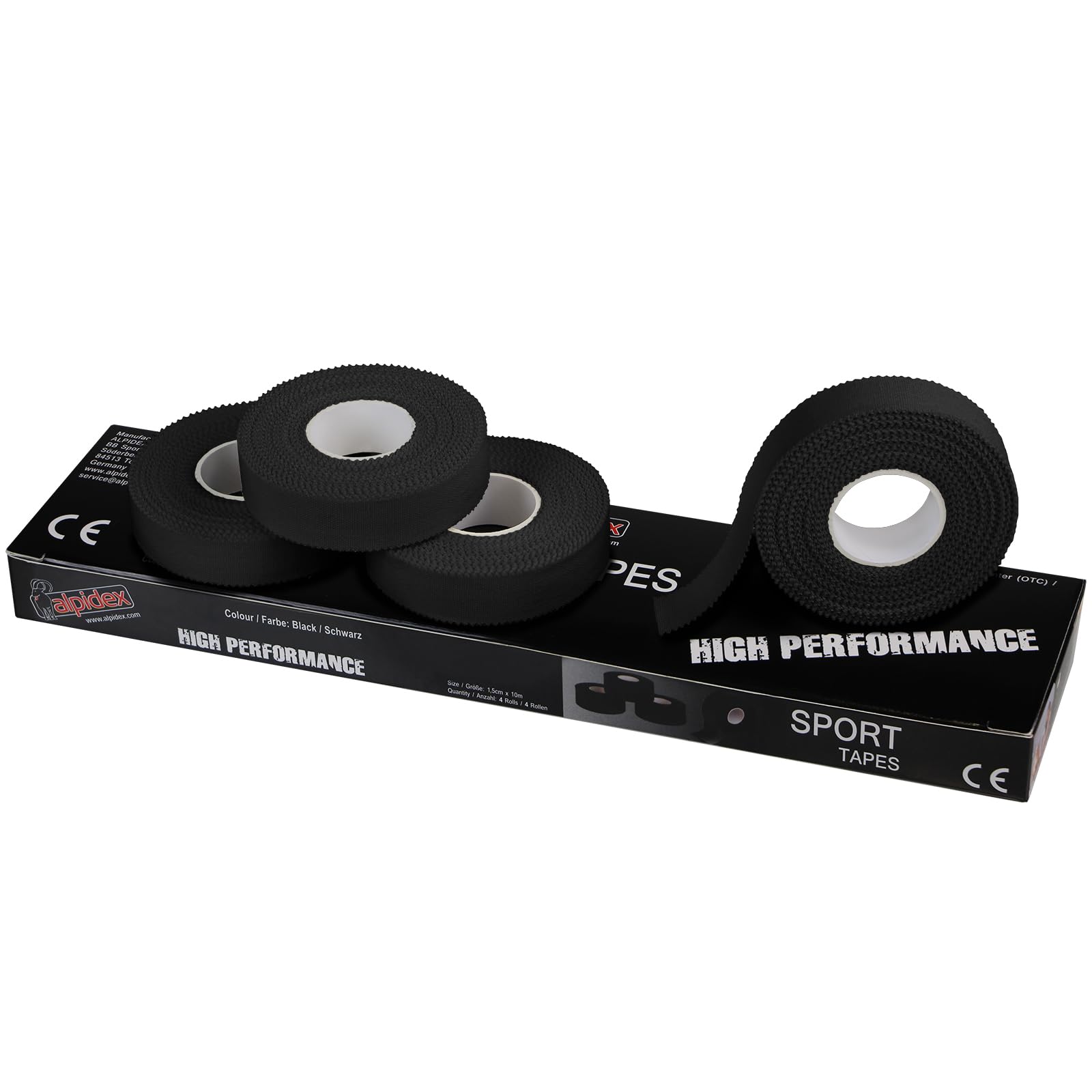 ALPIDEX 4 x Sports Tape 10 m x 1.5 cm zinc oxide tape finger tape, Colour:black