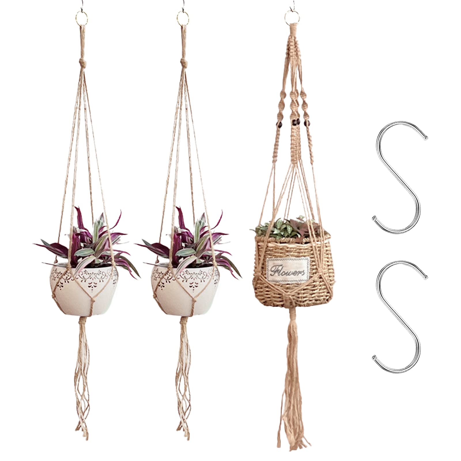 DKDDSSS 3 Pack Plant Hanger, Macrame Hanging Planter Pot Holder, Cotton Rope Flower Pot Hangers Basket, for Indoor Outdoor Balcony Garden Home Decor,with 2 Hanging Hooks