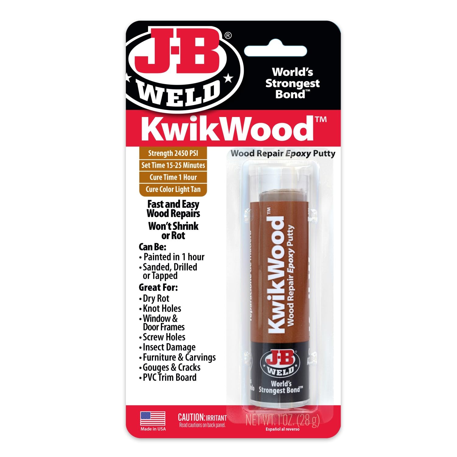 J-B Weld 8257UK KwikWood Epoxy Putty – 57 grams - Strength 900 PSI – 1 Hour Cure Time – Tan