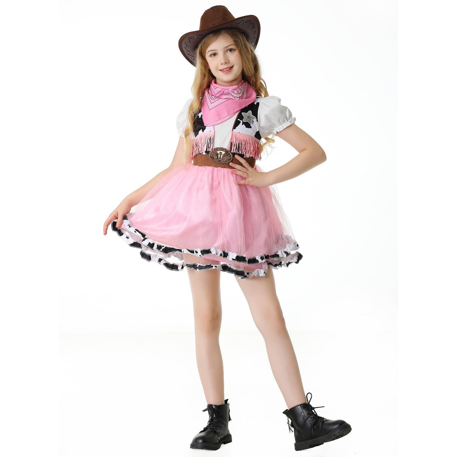 maxToonrain Cowgirl Costume for Girls Funny Holiday Princess Halloween Christmas Party Cowgirl Fancy Dress Outfit (White Vest and Pink Bandana, 9-10 Years) — image 1