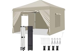 RHOLUTA 10x10 Pop Up Canopy Tent with 4 Removable Sidewalls, Windows, Durable Easy Pop Up Outdoor Canopy, Adjustable Waterproof Canopy with Roller Bag, 4 Sand Bags, 4 Ropes and 8 Stakes