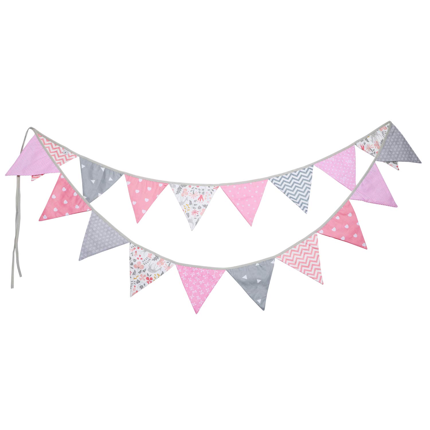 PREMYO Fabric Bunting Flags - Baby Shower Decorations Girls Nursery - Colourful Double Sided Banner Pink Grey