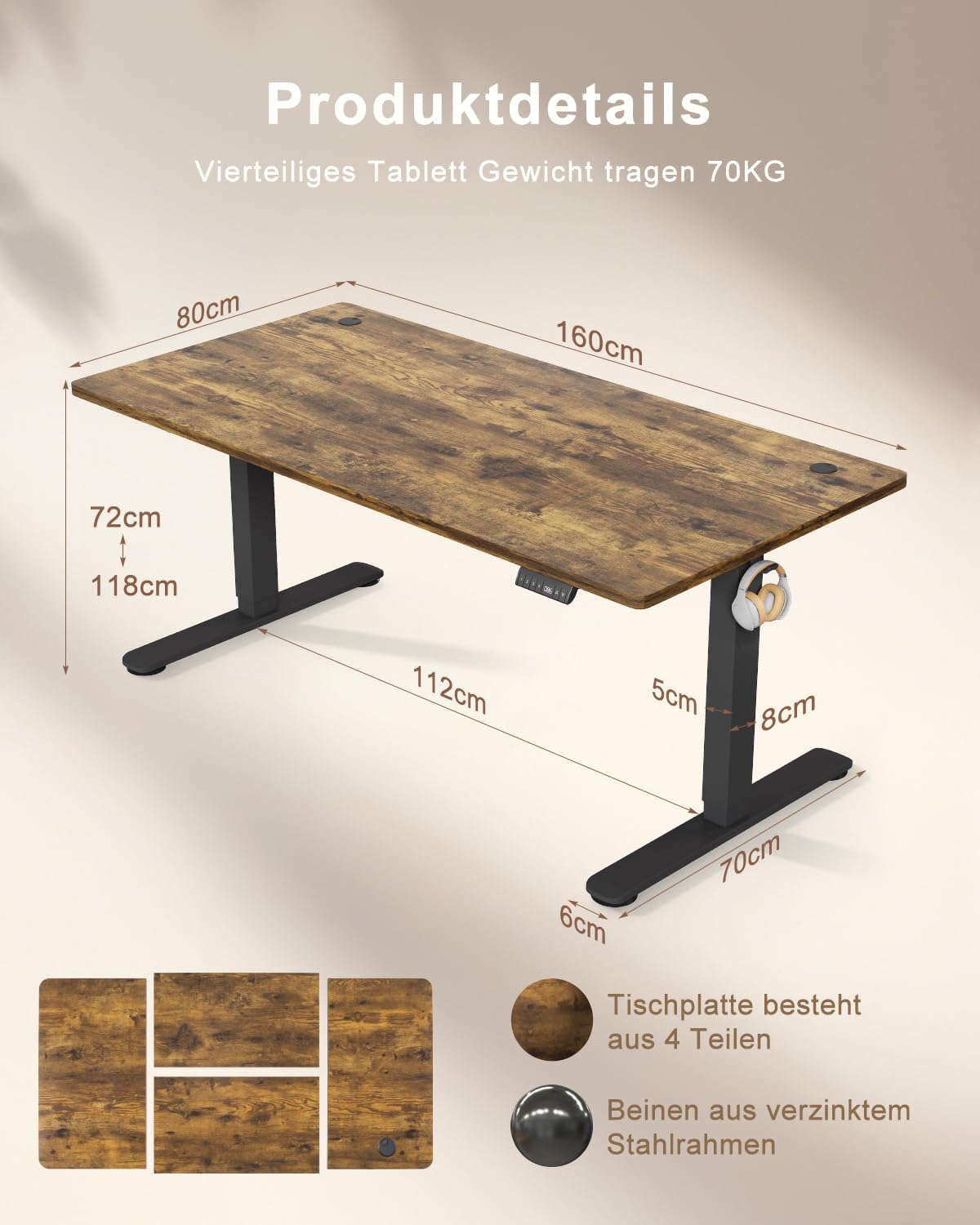 TRIUMPHKEY Höhenverstellbarer Schreibtisch 160x80 mit USB Ladeanschluss, 3 Memory-Steuerung groß Schreibtisch Höhenverstellbarer Anti-Kollision Computertisch Höhenverstellbarer Tisch 7