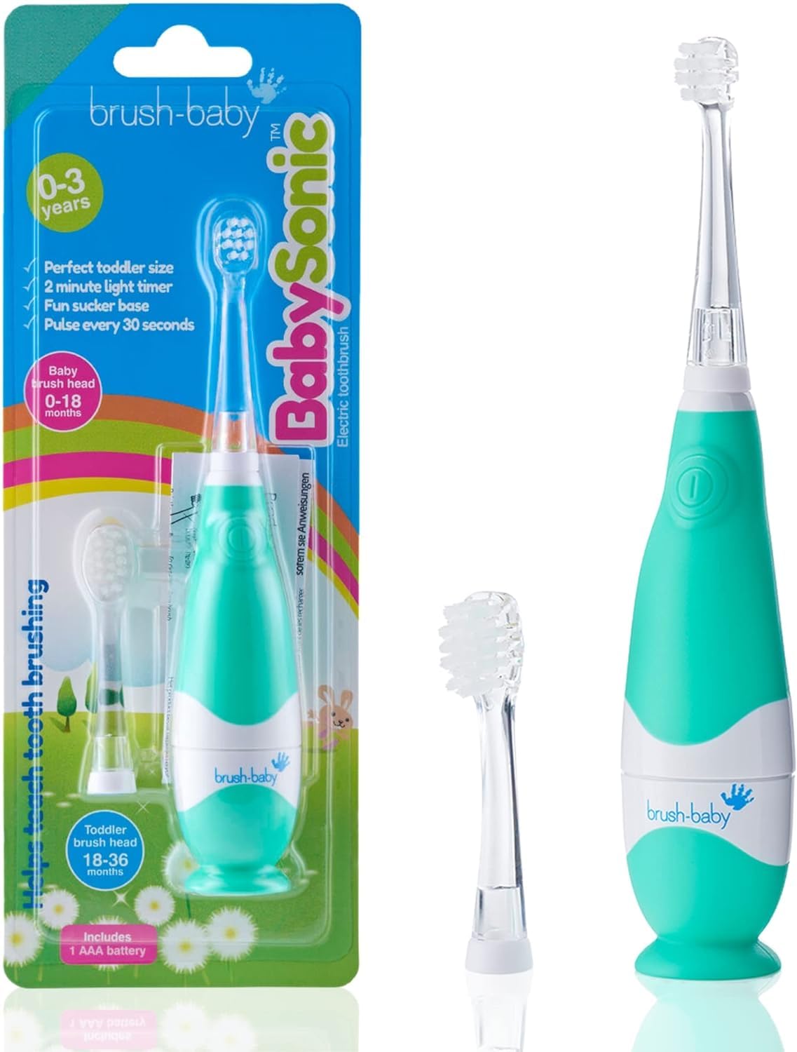 Brush-Baby BabySonic Kids,Toddler Electric Toothbrush, 0-36 Months, LED Light +2-min Timer,Sucker Base, Teal,